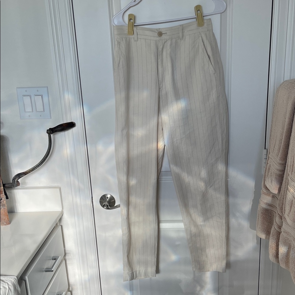 Woman’s baggy linen pants striped
